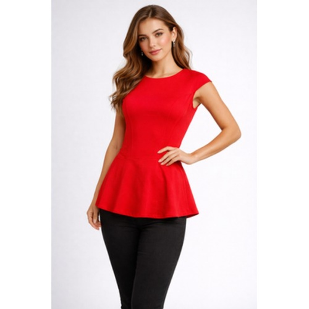 Express Blouse Womens S Petite Red Scoop Neck‎ Cap Sleeve Peplum Top Zip Back